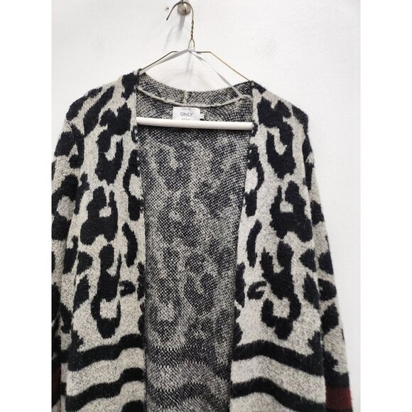 Only Our Story Womens Cardigan Medium Black Gray Animal Print Longline Sweater - Picture 2 of 7